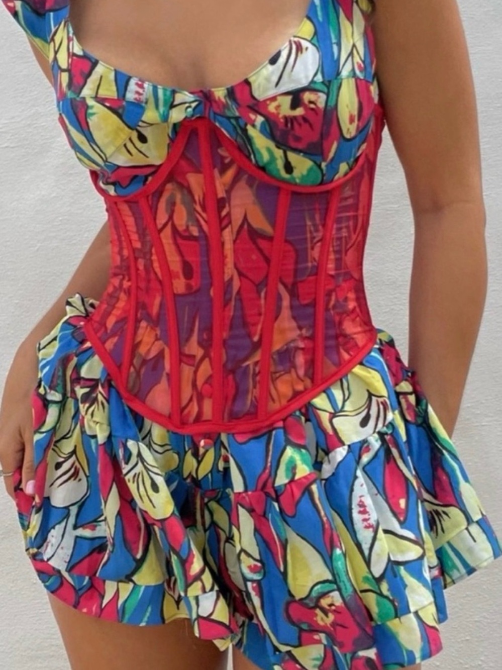 Vanessa Mooney Multicolor Floral Mesh Corset One-Piece in Red Accents